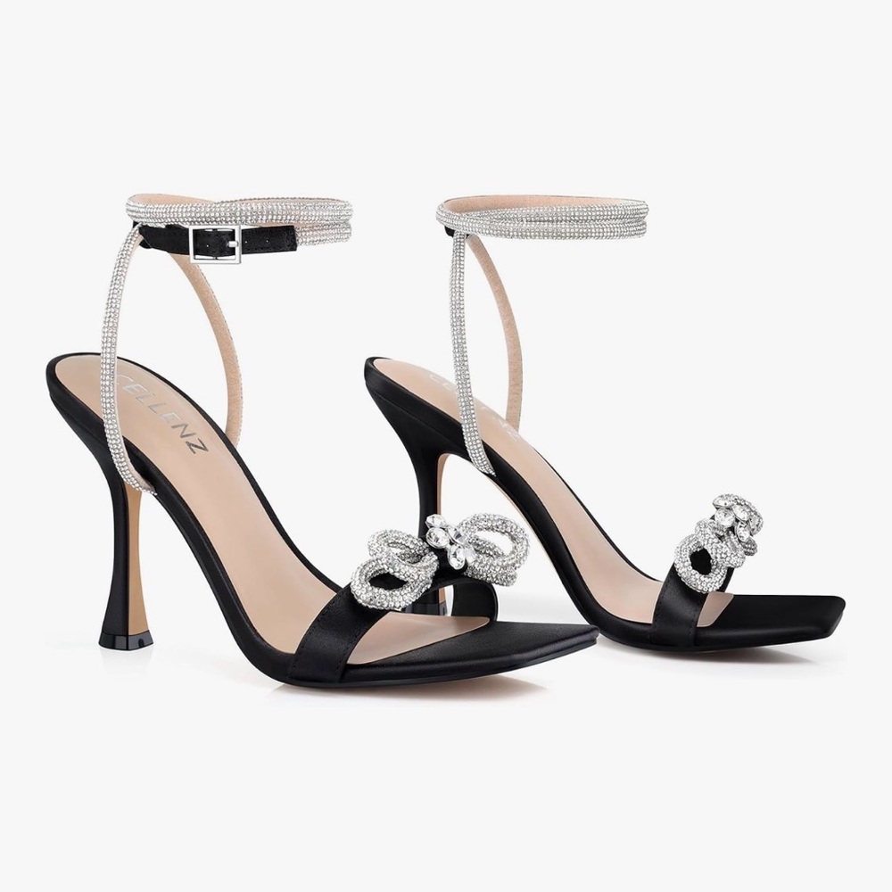 Elegant Black Satin Heels with Rhinestone Accents